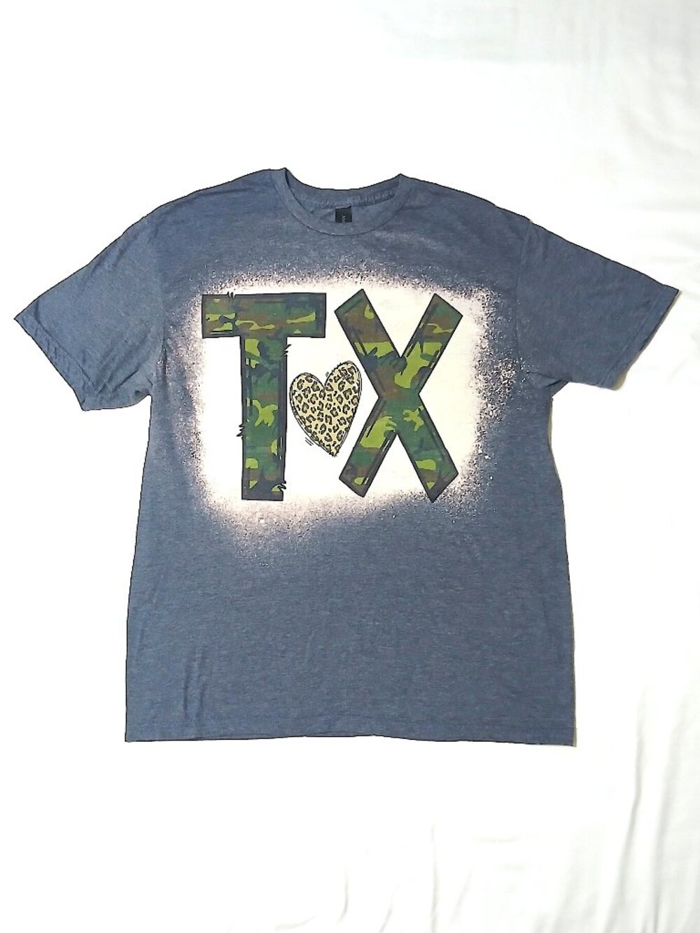Texas TX Graphic Tee Blue Camo Leopard Heart Shirt Size Large Casual Western